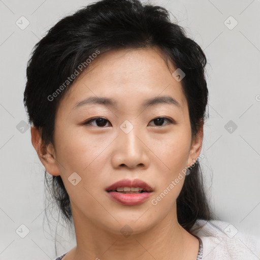 Neutral asian young-adult female with medium  brown hair and brown eyes