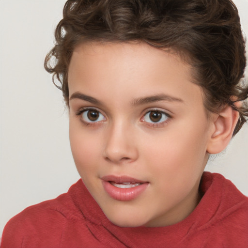 Joyful white child female with medium  brown hair and brown eyes