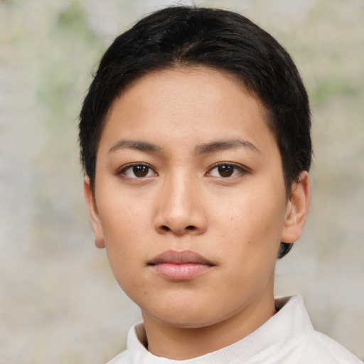 Neutral asian young-adult female with short  brown hair and brown eyes