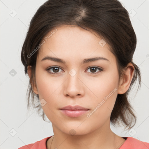 Neutral white young-adult female with medium  brown hair and brown eyes