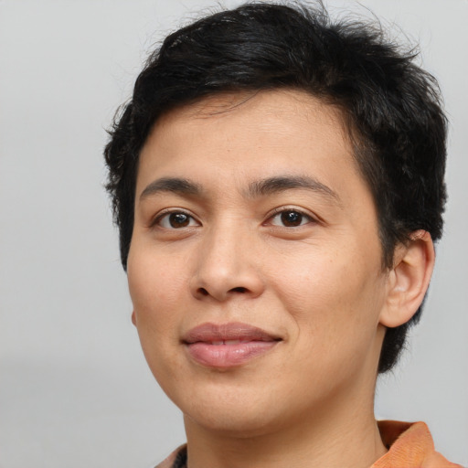 Joyful asian young-adult male with short  brown hair and brown eyes