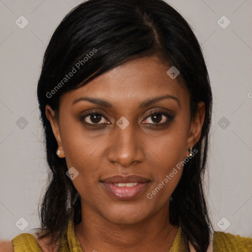 Joyful black young-adult female with medium  black hair and brown eyes