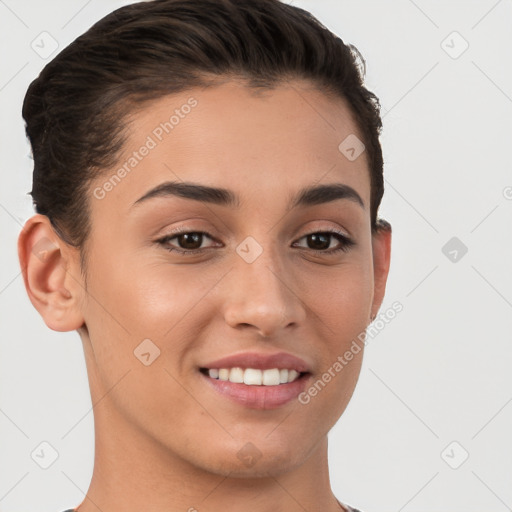 Joyful white young-adult female with short  brown hair and brown eyes