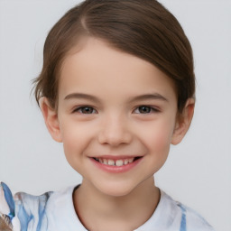 Joyful white child female with short  brown hair and brown eyes