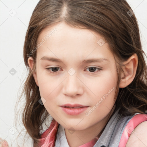 Joyful white child female with medium  brown hair and blue eyes