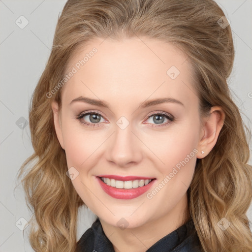 Joyful white young-adult female with long  brown hair and blue eyes