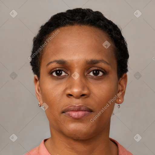 Neutral black young-adult female with short  black hair and brown eyes