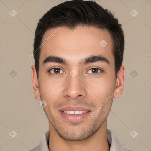 Joyful white young-adult male with short  brown hair and brown eyes