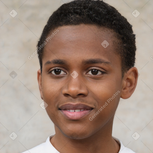 Joyful black young-adult male with short  brown hair and brown eyes