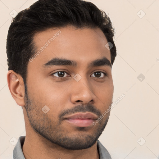 Neutral latino young-adult male with short  black hair and brown eyes