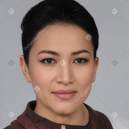 Joyful asian young-adult female with short  black hair and brown eyes