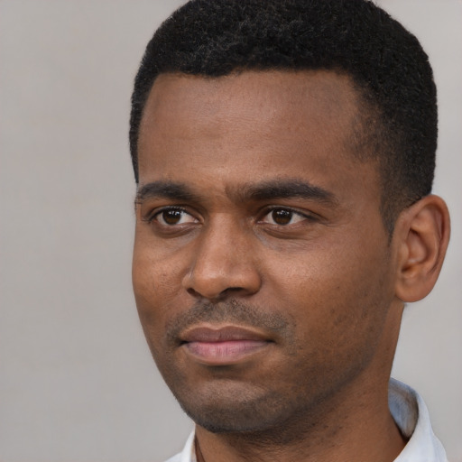 Joyful black young-adult male with short  black hair and brown eyes