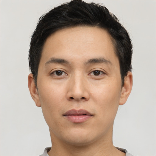 Neutral white young-adult male with short  black hair and brown eyes