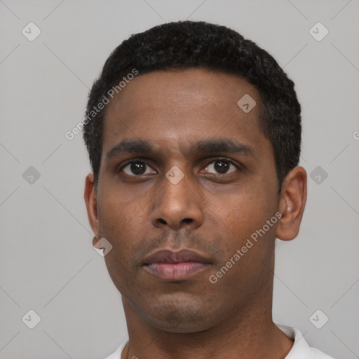 Neutral black young-adult male with short  black hair and brown eyes