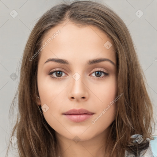 Neutral white young-adult female with long  brown hair and brown eyes