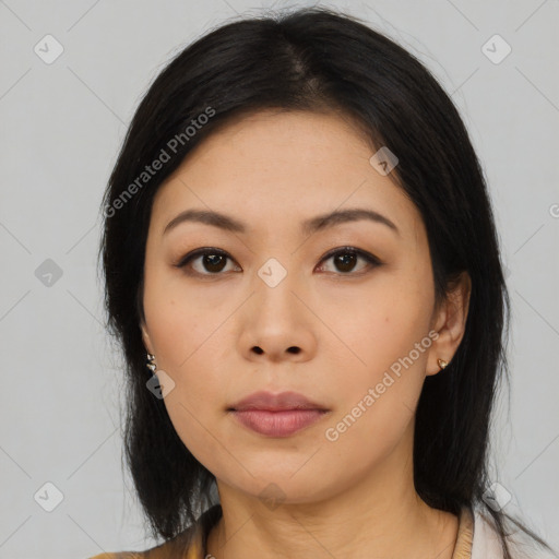 Neutral asian young-adult female with medium  black hair and brown eyes