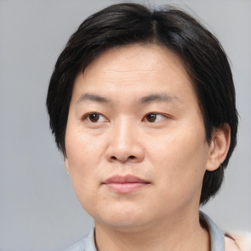 Neutral asian adult male with medium  black hair and brown eyes