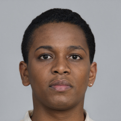 Neutral black young-adult female with short  brown hair and brown eyes