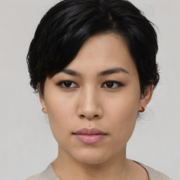 Neutral asian young-adult female with short  black hair and brown eyes