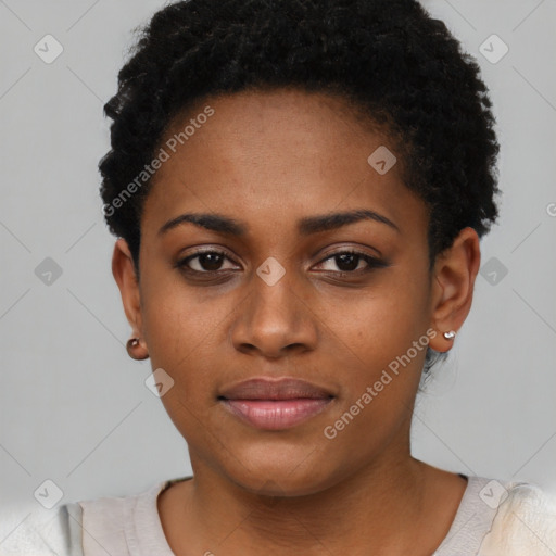 Neutral black young-adult female with short  black hair and brown eyes