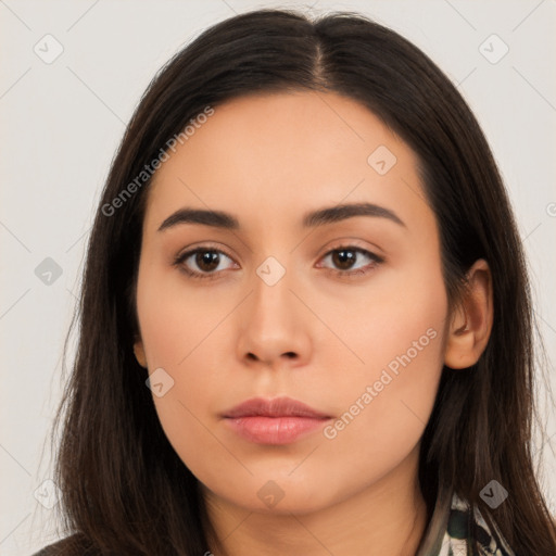 Neutral latino young-adult female with long  brown hair and brown eyes