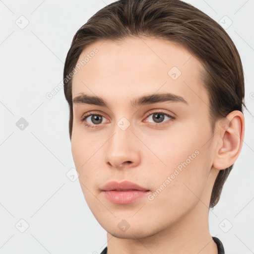 Neutral white young-adult male with short  brown hair and brown eyes