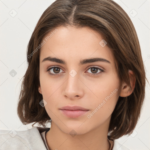 Neutral white young-adult female with medium  brown hair and brown eyes