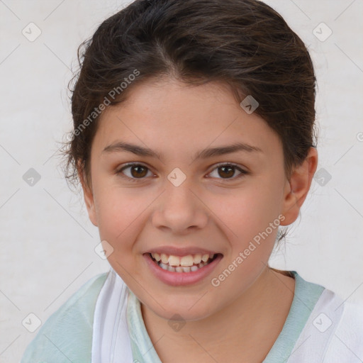 Joyful white child female with short  brown hair and brown eyes