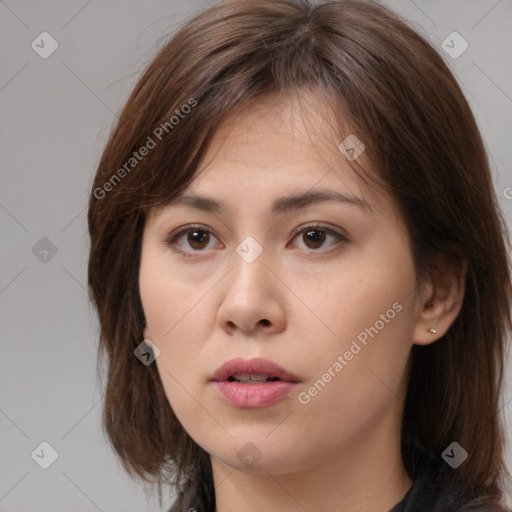 Neutral white young-adult female with medium  brown hair and brown eyes