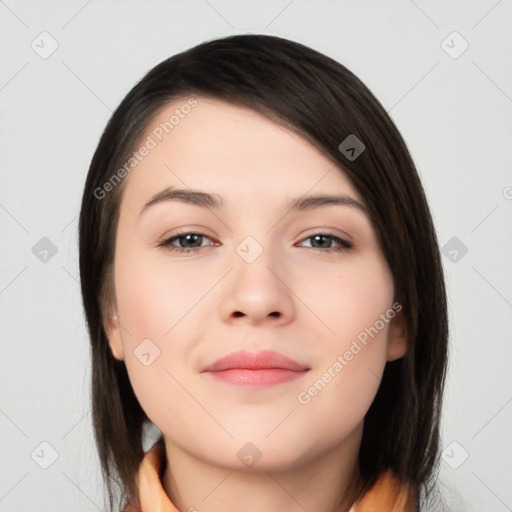 Neutral white young-adult female with medium  brown hair and brown eyes