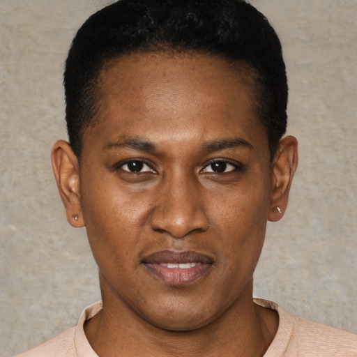 Joyful black young-adult male with short  black hair and brown eyes