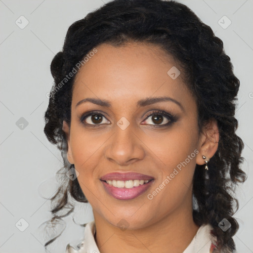 Joyful black young-adult female with medium  brown hair and brown eyes