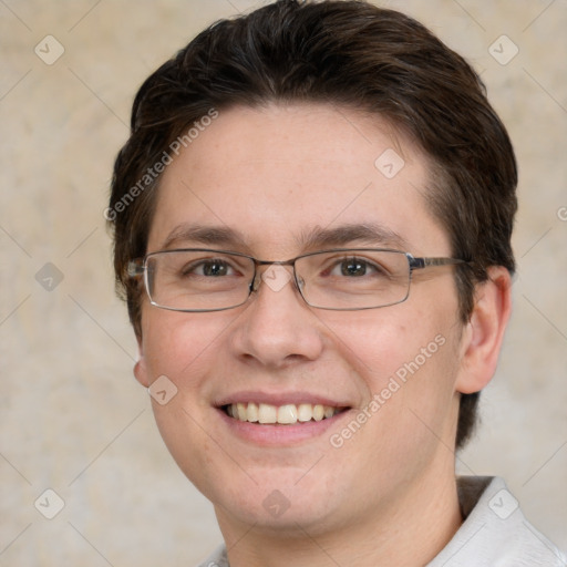 Joyful white adult female with short  brown hair and brown eyes