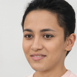 Joyful latino young-adult female with short  brown hair and brown eyes