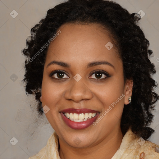 Joyful black young-adult female with medium  brown hair and brown eyes