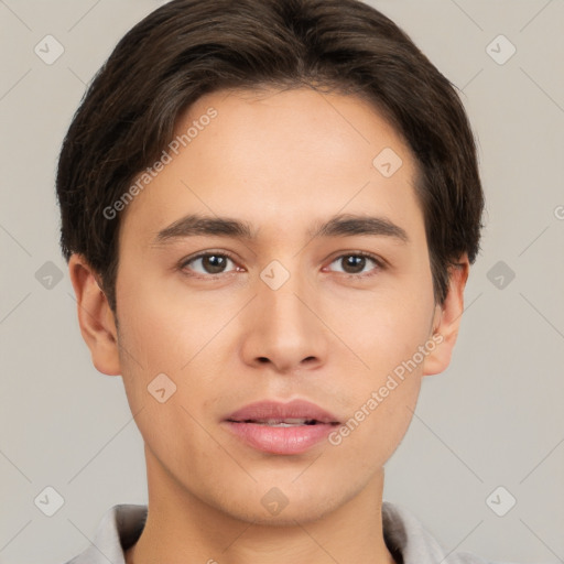 Neutral white young-adult male with short  brown hair and brown eyes