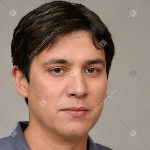 Neutral white young-adult male with short  brown hair and grey eyes