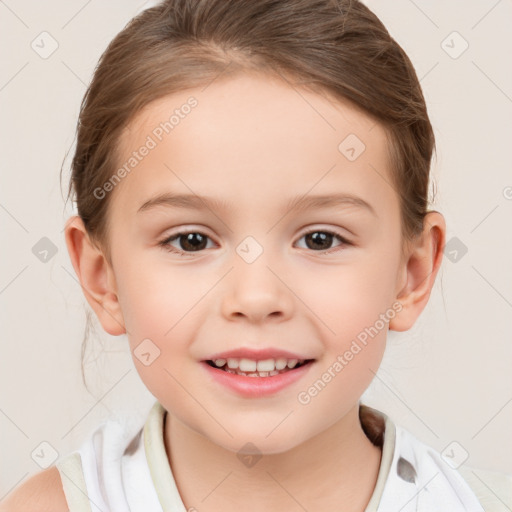 Joyful white child female with short  brown hair and brown eyes