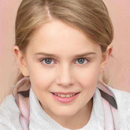 Joyful white child female with medium  brown hair and blue eyes