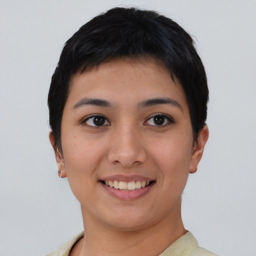 Joyful asian young-adult female with short  brown hair and brown eyes