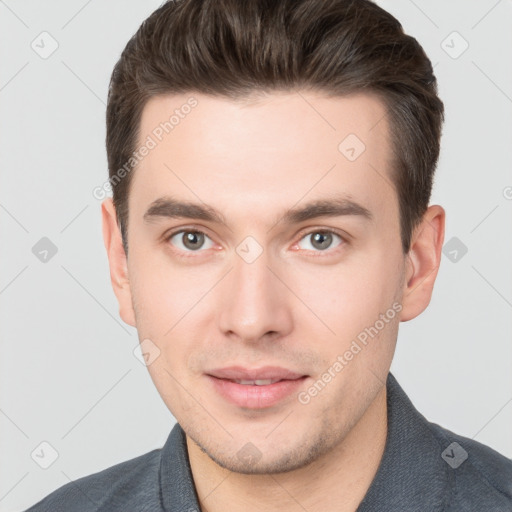 Neutral white young-adult male with short  brown hair and brown eyes