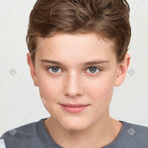 Joyful white child male with short  brown hair and brown eyes