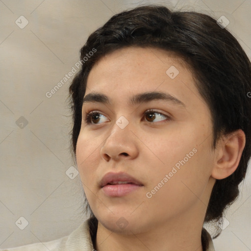 Neutral asian young-adult female with medium  brown hair and brown eyes
