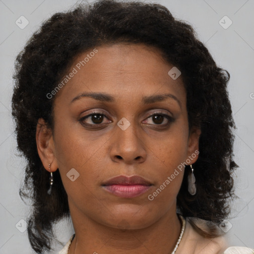 Neutral black young-adult female with medium  brown hair and brown eyes