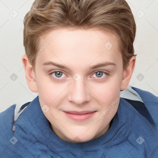 Joyful white young-adult female with short  brown hair and blue eyes