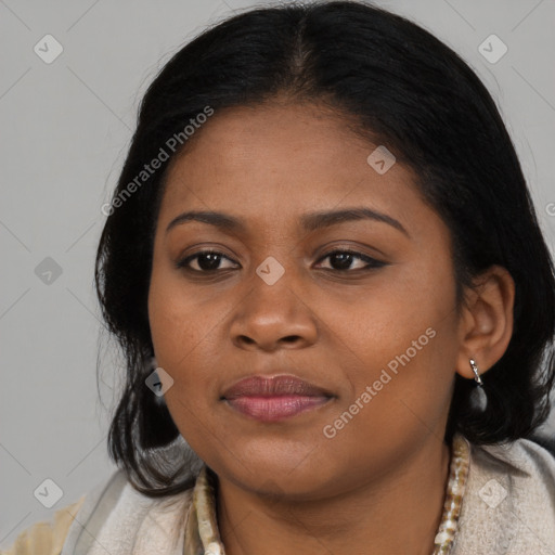 Joyful black young-adult female with long  black hair and brown eyes