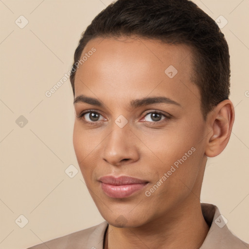 Joyful white young-adult female with short  brown hair and brown eyes