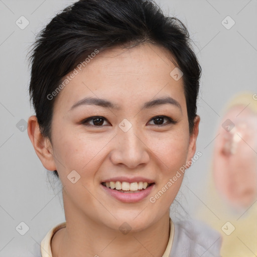 Joyful asian young-adult female with short  brown hair and brown eyes