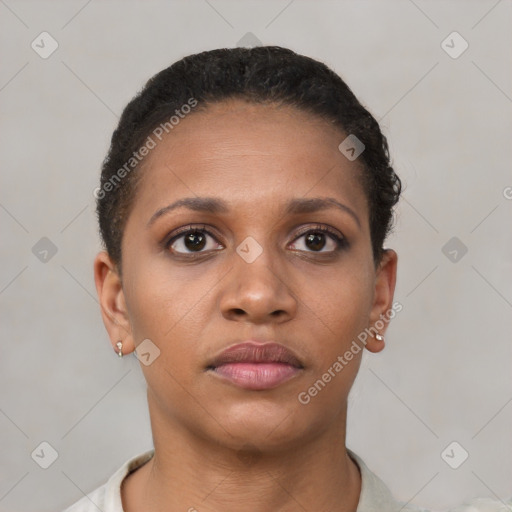 Neutral black young-adult female with short  black hair and brown eyes