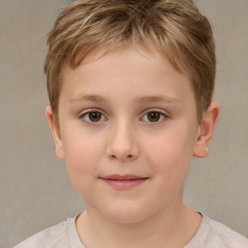 Joyful white child female with short  brown hair and brown eyes